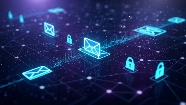 Glowing digital mail icons and security locks are connected by a futuristic network, symbolizing cybersecurity, data protection, and online communication.