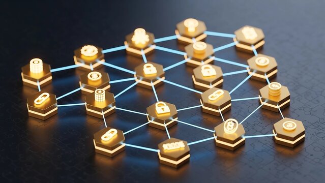 A glowing network of connected hexagonal nodes with icons for cryptocurrency and security, symbolizing the secure global network of blockchain technology.