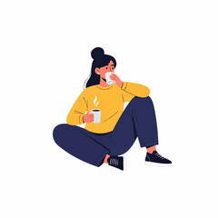 Woman Enjoying Coffee Sitting Cross-Legged Drinking from Mug.