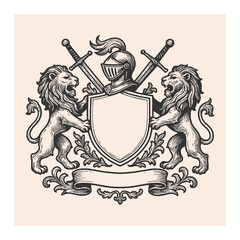 Vintage hand drawing heraldic lion logo shield coat of arms family crest logo vector