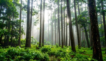 Sunlight streams through a dense forest (1)