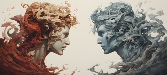Fototapeta premium Tiny figures from life Zeus vs medusa,generative AI