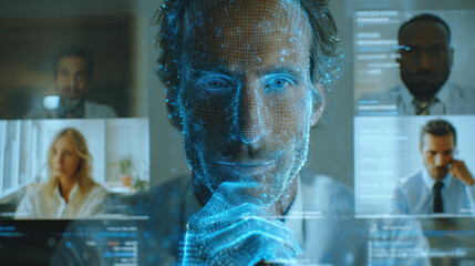 Close up of a thoughtful male professional surrounded by holographic screens displaying data and silhouettes, conveying futuristic teamwork and digital collaboration in a modern office.