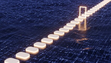 A glowing path of stepping stones leads to a bright doorway across a digital network, symbolizing a journey of professional growth, innovation, and technological progress.