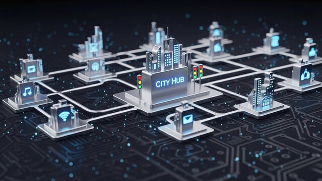 A digital representation of a connected smart city hub with icons for traffic, security, and communication, symbolizing a modern urban network and internet of things.