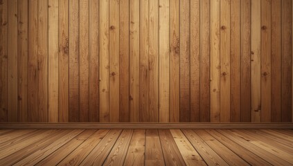 Naklejka premium A neutral, empty room with warm-toned wood paneling and flooring, creating a cozy and rustic atmosphere.