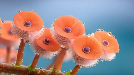 several vibrant orange mushrooms with small purple centers, arranged closely together on a branch.