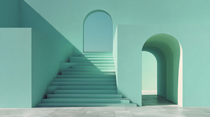 Obraz premium A minimalist architectural space with stairs and archways in a serene aqua green color, bathed in soft light and shadow, evoking calm and modern design. 