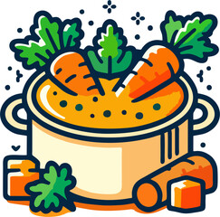 Cartoon Vector of Carrot Soup Pot with Whole Carrots, Parsley, Green Peas, and Croutons for Healthy Vegan Recipe and Menu Design