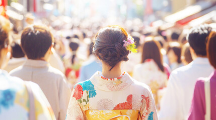 Obraz premium 祭りの人混みの中で浴衣を着た女性の後ろ姿 