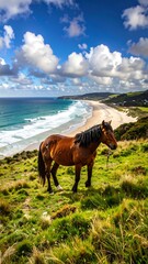 Horse on a hill overlooking a beach
