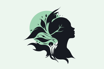 Abstract female silhouette with nature elements – mind and growth concept illustration