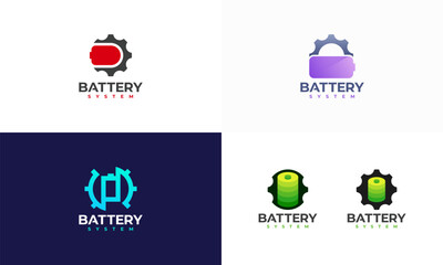 Set of Battery System logo designs concept vector, battery with gear logo template