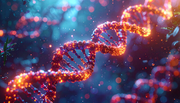DNA Strand - Life's Code Unveiled: A mesmerizing macro shot of a luminous DNA strand, glowing amidst a vibrant bokeh background, representing the fundamental building block of life.