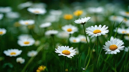 Fototapeta premium White daisy blooms covering open field landscape concept. A vibrant field of blooming daisies in natural sunlight.