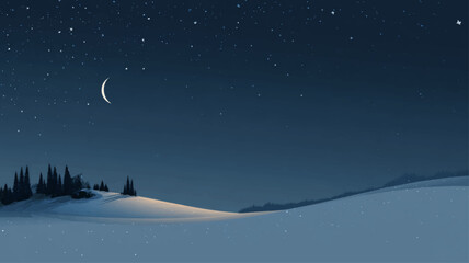 Naklejka premium Crescent moon shining above snowy winter hills with glowing horizon starry night Yule background