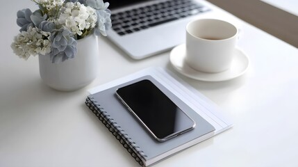 Bright and modern home office desk with laptop smartphone notebook and coffee cup.
