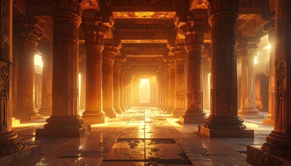Fototapeta premium Grand Hall with Ornate Pillars and Golden Light Cinematic View