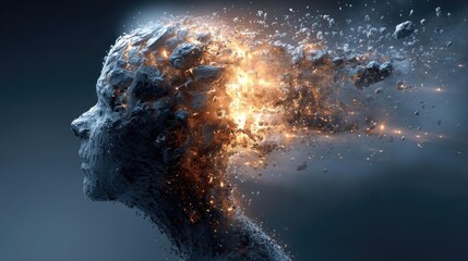 Exploding mind with dreams and emotions concept. A surreal depiction of an exploding human head representing thought.