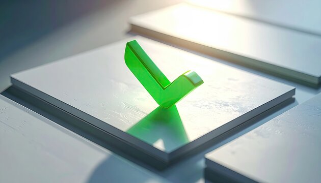 Green Check Mark on White Metallic Panel in Cinematic Lighting