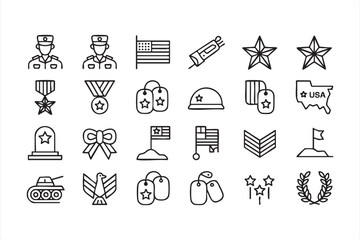 Army and veteran icons pack with patriotic elements, medals, dog tags and defense