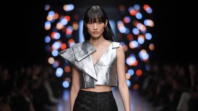 Asian model in silver crop top and black pants on a runway with bokeh lights background looking forward