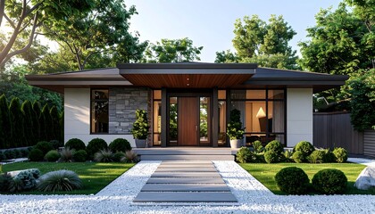 Modern home exterior with landscaped yard