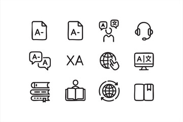 Vector collection of international learning icons with alphabet, text and computer