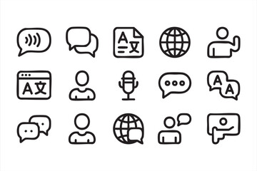 Vector icon set of translation and internet communication tools for worldwide use
