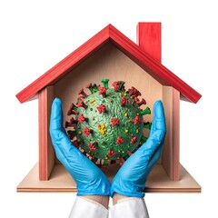 Hands in blue gloves hold a virus inside a small wooden house