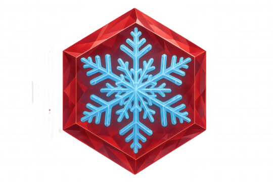 Snowflake icon in a red faceted gem, representing ice, cold, and festive winter concepts on a transparent background