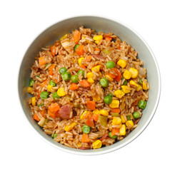 Tasty fried rice in bowl isolated on white, top view