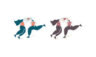 Two couples running with heart-shaped speech bubbles