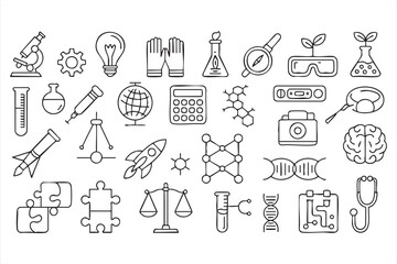Academic and scientific study icons set featuring DNA, molecule, and chemistry designs