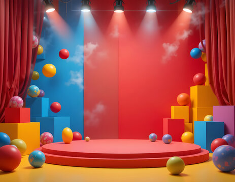Colorful stage with red curtains spotlights and floating balls sphere - Powered by Adobe