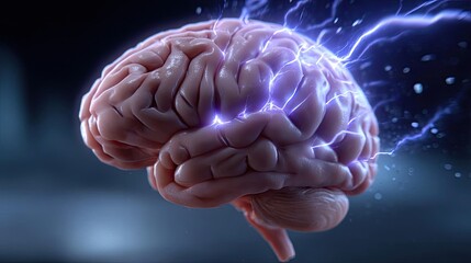 Exploding mind with dreams and emotions concept. A vibrant depiction of a brain with electric activity.