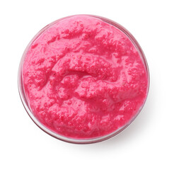 Tasty horseradish sauce with beetroot in bowl isolated on white, top view