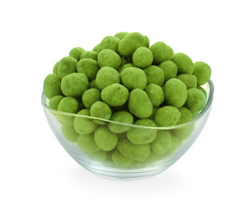 Wasabi coated peanuts in bowl isolated on white