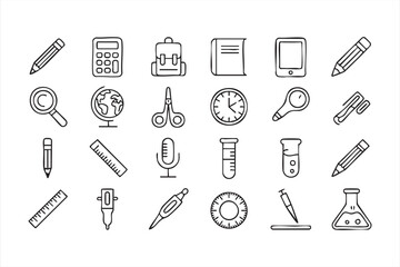 Science and study icons collection including beakers, test tubes, and protractor designs