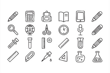 Classroom and student vector icons set with globe, magnifying glass, and eraser