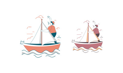 Two Cartoon Illustrations of a Person Sailing on a Boat
