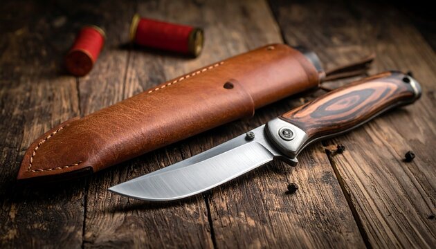 Hunting knife in leather sheath on rustic wooden table