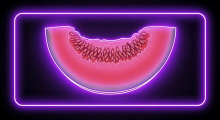 Vibrant Neon Melon Slice with a Rectangular Glowing Violet Outline