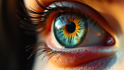 Beautiful human eye close-up, macro shot of vibrant multicolored iris with detailed texture, eyelashes and reflection, extreme closeup photography