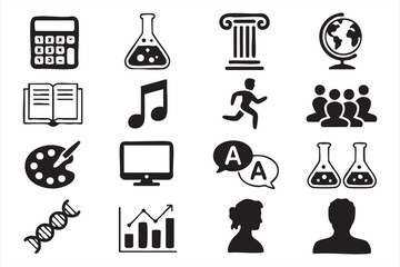 Vector education icons set with science, art, and language subject elements