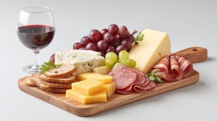 Assorted Cheese and Charcuterie Board with Red Wine and Fresh Grapes on Wooden Serving Platter, Perfect for Entertaining and Celebrations