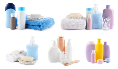 Baby accessories and toiletries isolated on white, set