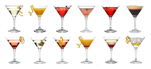 Different cocktails in martini glasses isolated on white, set