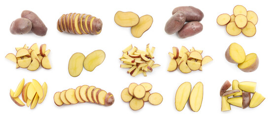 Raw potatoes isolated on white, collage. Whole and cut