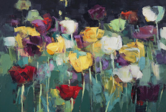 Abstract painting featuring vibrant tulip blooms in bold brushstrokes, reds, yellows, purples against a muted green backdrop, conveying energy and movement.